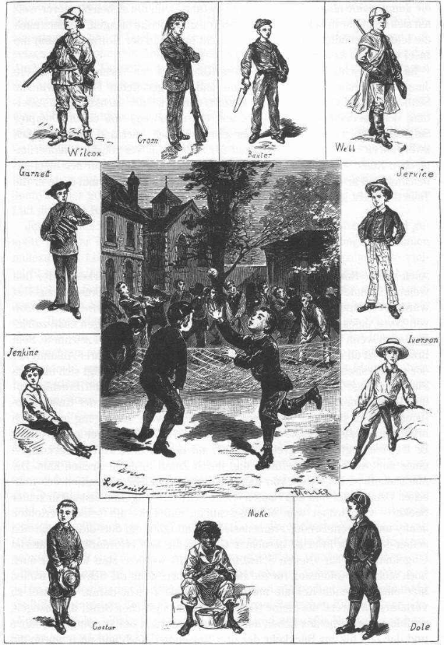Schwarze und weiße Zeichnung von Kindern, die Baseball spielen, mit einem Gebäude und Bäumen im Hintergrund, unten mit "Die Geschichte des Baseball" beschriftet.