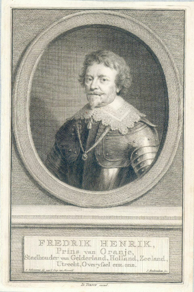 Eine Gravur von Fredrik Henrik, dem König der Niederlande, in detailreichem Rüstzeug, einschließlich eines Helms, eines Brustpanzers und Handschuhen, mit einem königlichen und würdevollen Ausdruck.