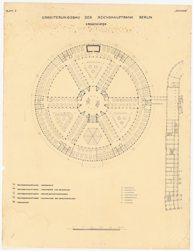 Ein detailliertes Zeichnung der Reichshauptbank in Berlin, Deutschland, ein rundes Gebäude mit zahlreichen Fenstern, begleitet von Text und einem Layout-Diagramm.