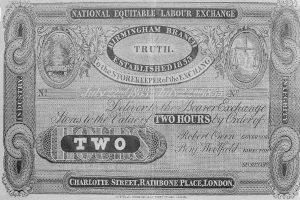 Ein altes schwarzes und weißes Zweipfundnote von der Birmingham-Niederlassung der Nationalen Gleichberechtigten Arbeitsbörse, mit gedrucktem Text.