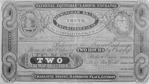 Ein altes schwarzes und weißes Zweipfundnote von der Birmingham-Niederlassung der Nationalen Gleichberechtigten Arbeitsbörse, mit gedrucktem Text.