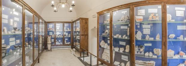 Gläserne Vitrinen mit verschiedenen Gegenständen und Papieren säumen einen Museumsraum mit einem Kronleuchter, der eine Statue im Hintergrund zeigt.