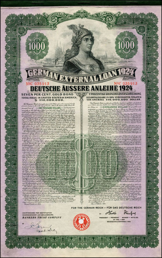 Ein alter deutscher Auslandsanleihe von 1924 mit einem Porträt einer Frau, mit Text und Zahlen, die seine Nennwert angeben.