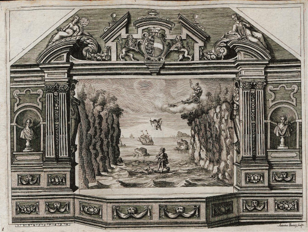 Schwarze und weiße Gravur eines Raums mit einem 16. Jahrhundert-Szenenbild an der Wand, das Statuen, Figuren, Bäume und andere detaillierte Gegenstände zeigt, mit dekorativem Text unten.