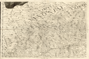 Ein detailliertes altes Kartenbild von Sachsen, Deutschland, das geografische Merkmale wie Flüsse, Berge und Städte zeigt, mit begleitendem Text, der regionale Informationen bereitstellt.
