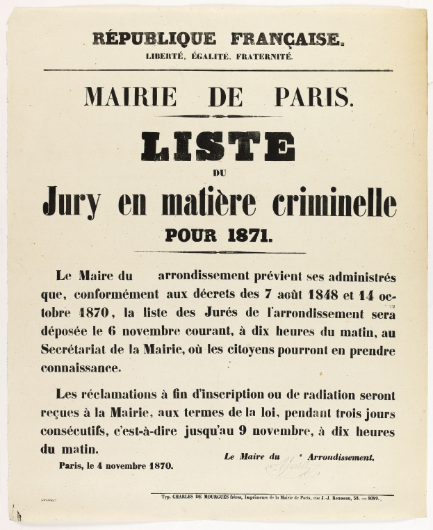 Alte französische Zeitungsanzeige für die 'Marie de Paris Liste Jury en Matiere Criminelle' aus dem Jahr 1871, enthaltend Text mit Jury-Informationen.