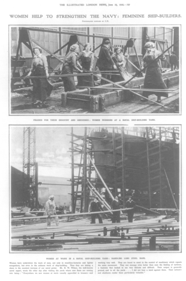 Ein Schwarz-Weiß-Foto einer Gruppe von Frauen, die auf einem Schiff arbeiten, umgeben von Metallstangen und anderen Gegenständen, mit Text oben und unten, der lautet "Frauen stärken die Marine Feminine Schiffbauer".