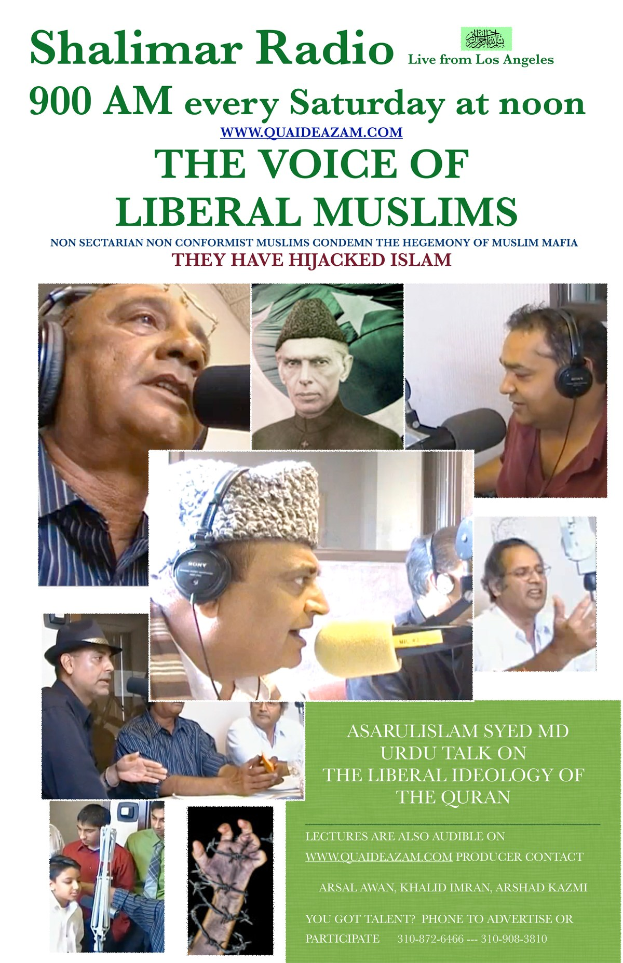 Plakat, das eine Radiosendung mit dem Titel "Die Stimme der liberalen Muslime" ankündigt, zeigt Bilder von Menschen mit Kopfhörern und Mikrofonen in einem Gespräch.