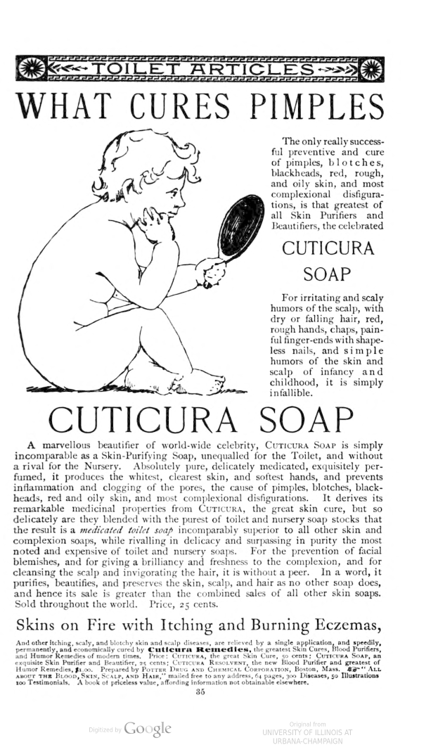 Eine Person hält einen Spiegel mit einem nachdenklichen Gesichtsausdruck, mit dem Text "Was heilt Akne - Cuticura Seife" auf dem Plakat.