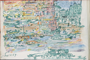 Ein Buchumschlag mit einer illustrierten Stadtansicht, die Geb├Ąude, Fahrzeuge, Menschen, einen Brunnen und Text zeigt.