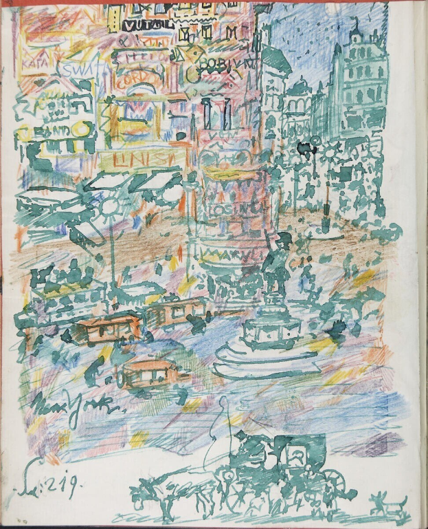 Ein Buchumschlag mit einer illustrierten Stadtansicht, die Geb├Ąude, Fahrzeuge, Menschen, einen Brunnen und Text zeigt.