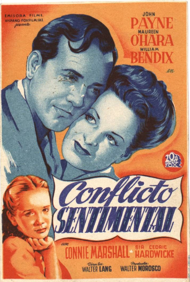 Filmplakat für 'Conflicto Sentimental' zeigt einen Mann in einem schwarzen Anzug und weißem Hemd und eine Frau in einem smaragdgrünen Kleid nebeneinander vor einem tiefblauen Hintergrund mit Sternen.