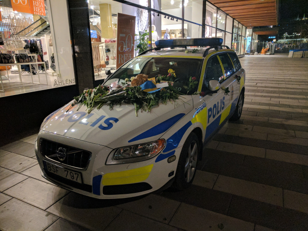 Ein mit Blumen und Blättern geschmückter Polizeiwagen parkt nachts vor einem Geschäft mit Glaswänden, das Puppen in Kleidern und beleuchtete Schilder zeigt, mit Bäumen und Gebäuden im Hintergrund.