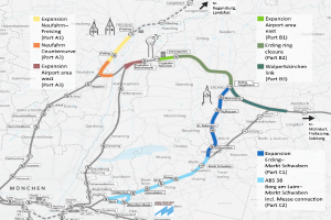 Eine detaillierte Stadtkarte, die eine hervorgehobene Zugroute von München nach Frankfurt zeigt, einschließlich Haltestellen, umliegenden Gebieten und Text mit Informationen über die Länge des Zugs, die Entfernung und Sehenswürdigkeiten.