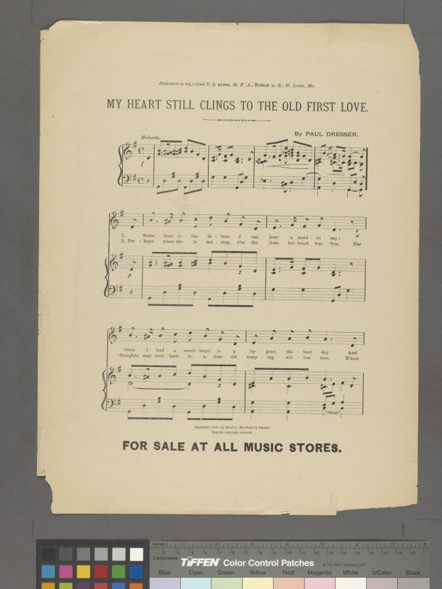 Ein Blatt Papier mit dem Text "Mein Herz hängt noch an der alten ersten Liebe" und musikalischen Symbolen, mit Farboptionen unten.