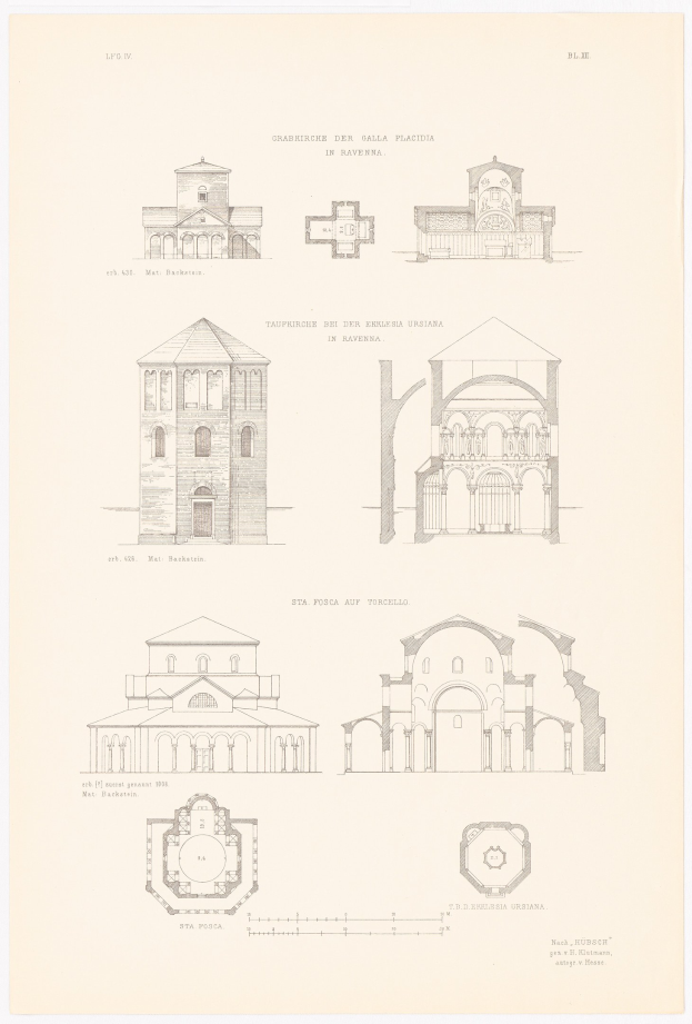 Eine Buchseite mit detaillierten Zeichnungen verschiedener Gebäude mit einzigartiger Architektur, begleitet von beschreibendem Text über ihre Geschichte.