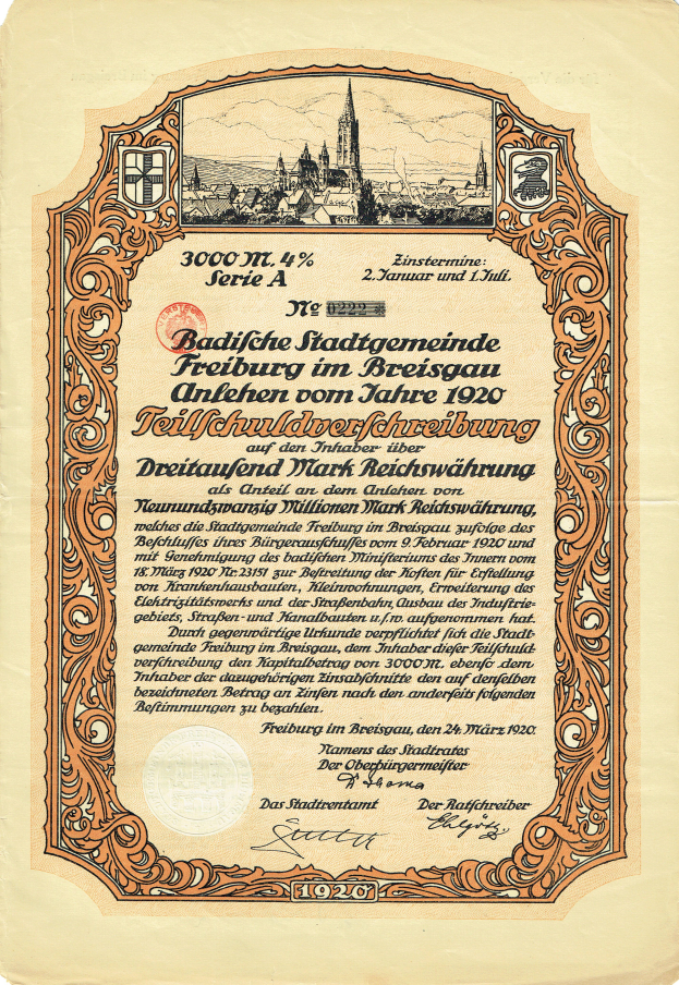 Ein altes deutsches Wertpapierzertifikat mit einer Stadtansicht-Illustration und gedrucktem Text über die Herkunft des Wertpapiers.
