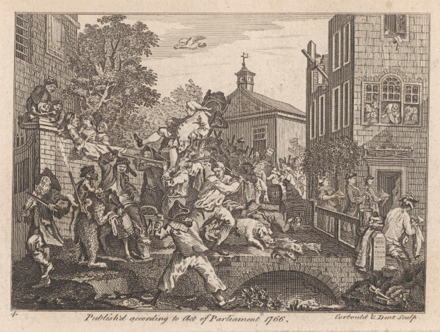 Eine Schwarz-Weiß-Radierung einer Gruppe von Menschen in einer Stadtlandschaft mit Gebäuden, Bäumen und Himmel, mit der Inschrift "Das Parlamentsgesetz 1706" unten.