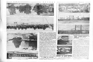 Eine offene Zeitung mit einer Seite voller Text und verschiedenen Fotos von Menschen unterschiedlichen Alters und Geschlechts.