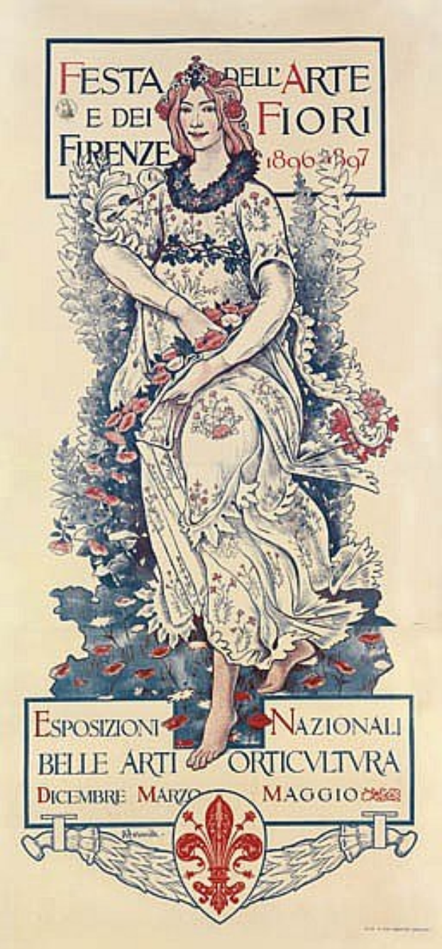 Plakat für ein italienisches Festival, das eine Frau in einem weißen, hochgeschlossenen, langärmeligen Kleid mit einem Dutt zeigt, vor einem hellblauen Hintergrund mit fetter schwarzer Schrift.