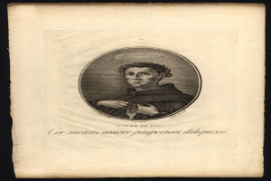 Ein altes Buch mit einer Schwarz-Weiß-Zeichnung eines Mannes mit einem weißen Gewand und einer blauen Schärpe, der direkt in die Kamera schaut, umgeben von kursivem Text in einem weißen Rahmen.