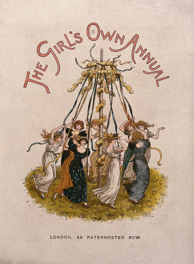 Illustration einer Gruppe von Menschen, die um einen geschmückten Maibaum tanzen, aus dem 'Girl's Own Annual', mit farbenfrohen Kleidern und Bändern.