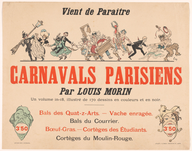 Ein Blatt mit der Überschrift "Carnivals Parisiens par Louis Morin" in fetter Schrift, das farbenfrohe Illustrationen von Menschen in bunten Karnevalskostümen und Masken zeigt und von detaillierten Entwürfen umgeben ist.