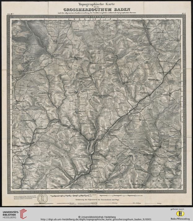 Ein gerahmtes topographisches Kartenbild von Baden-Württemberg, Deutschland, das Geländekonturen, Höhen und geografische Merkmale zeigt.