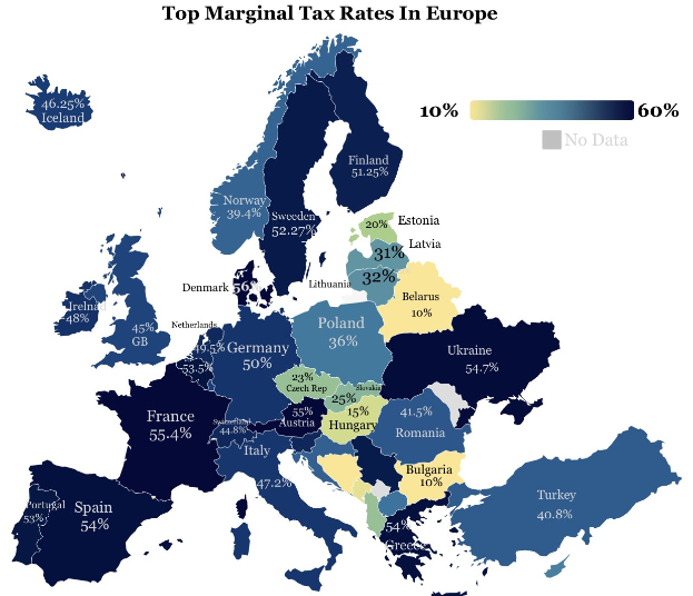 Eine Europakarte mit Farben, die die höchsten Grenzsteuersätze in jedem Land anzeigen, mit der Überschrift "Höchste Grenzsteuersätze in Europa".