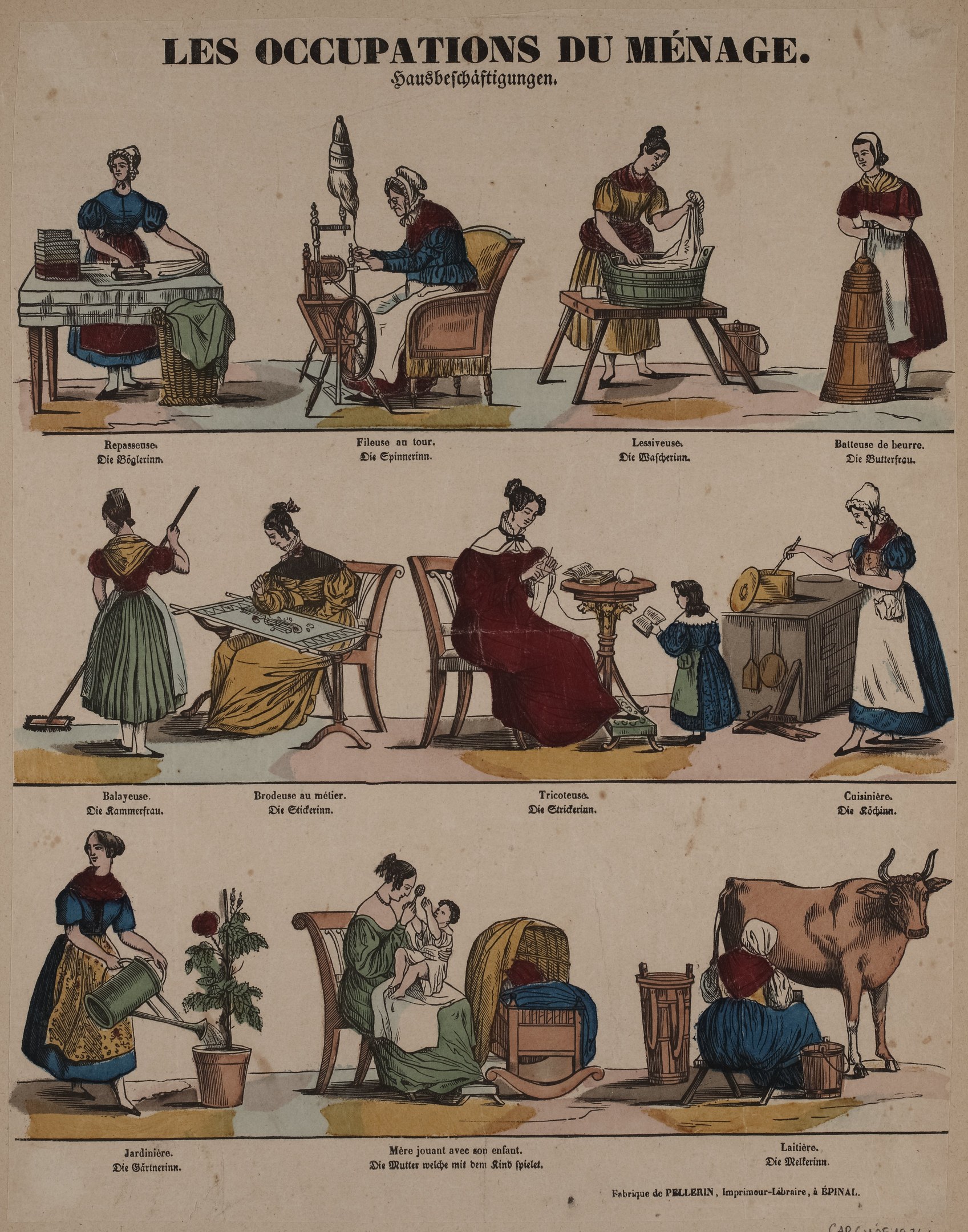 Ein Plakat aus dem 19. Jahrhundert, das berufsbezogene Geschlechterrollen zeigt, mit sitzenden und stehenden Figuren, einer Kuh, einem Topf mit einer Pflanze und anderen Gegenständen sowie erklärendem Text.