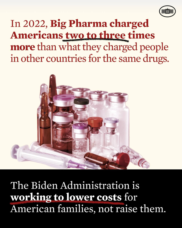 Ein Plakat, das zeigt, dass Big Pharma 2022 Amerikanern zwei bis drei Mal so viel für die gleichen Medikamente berechnet hat wie in anderen Ländern, mit Bildern von Medikamentenflaschen und einer Spritze darunter.