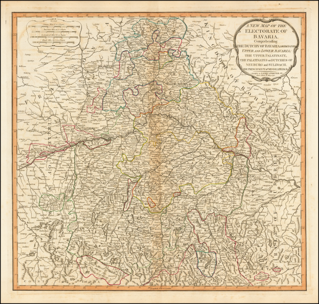 Ein gerahmtes Bild der Wahlkreise Bayern, das die Provinzen Deutschlands und Österreichs zeigt.