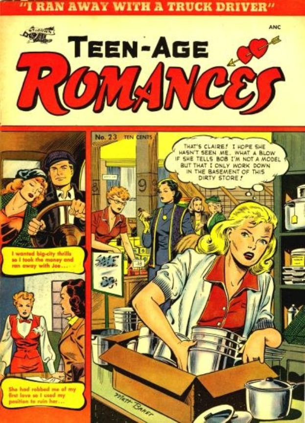Ein farbenfroher DC-Comics-Plakat titled "Teen-Age Romances 23-A" zeigt eine Gruppe von Menschen in einer fröhlichen, romantischen Umarmung mit fetter Schrift und farbenfroher Gestaltung.