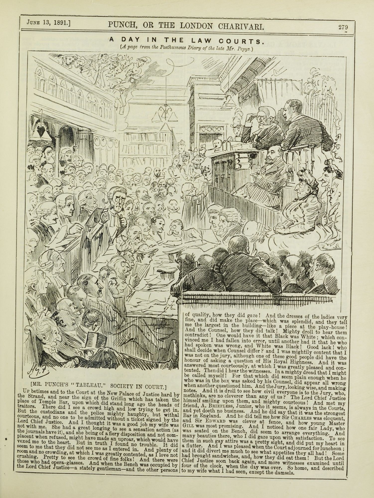 Offenes Buch mit einer Illustration einer Gerichtsszene, die eine Gruppe von Menschen zeigt, die sich unterhalten, und einer zentralen Seite mit Text und Bildern.