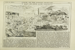 Offenes Buch mit einer Illustration einer Gerichtsszene, die eine Gruppe von Menschen zeigt, die sich unterhalten, und einer zentralen Seite mit Text und Bildern.