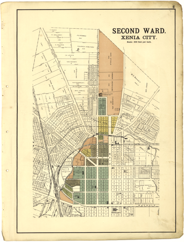Ein detaillierter alter Stadtplan des zweiten Bezirks von Xenia City, der Straßen, Gebäude und Sehenswürdigkeiten zeigt, mit Text oben und unten.