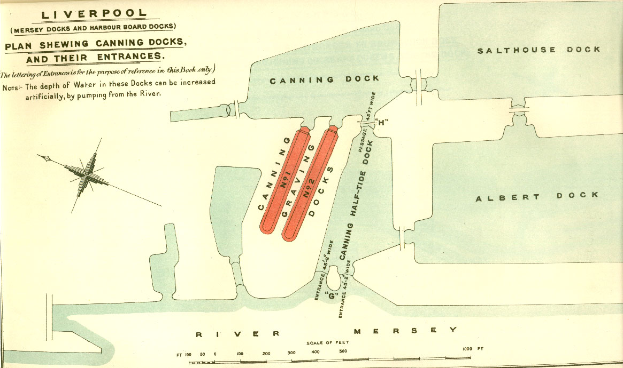 Ein detaillierter Stadtplan von Liverpool, England, auf Papier, der Häfen, Docks und die Umgebung hervorhebt, mit begleitendem Text über die Geschichte und Kultur der Stadt.