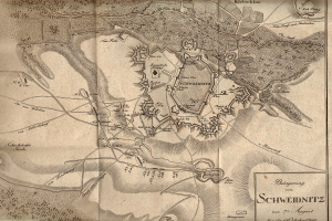 Ein detaillierter alter Stadtplan von Schweidnitz, Deutschland, der Stra├čen, Geb├Ąude, Landmarken und Text zeigt, der die Bev├Âlkerung, Geschichte und Kultur der Stadt beschreibt.