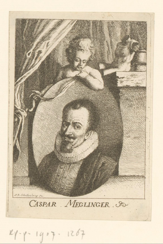 Eine Schwarzweiß-Gravur von Caspar Meglinger, der ein Baby hält, mit einem Vorhang im Hintergrund und Text unten.