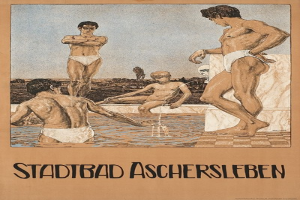 Plakat, das ein Schwimmbad in Aschersleben, Deutschland, zeigt, auf dem Menschen im Wasser sind, darunter einer sitzend, begleitet von Text.
