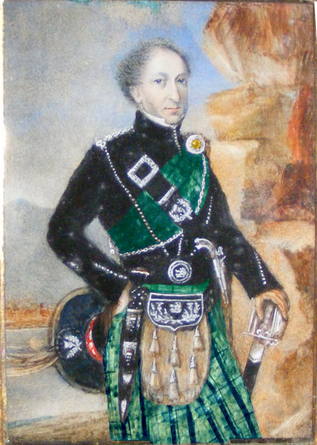 Ein Gemälde eines Mannes in traditioneller schottischer Kleidung, einschließlich eines grünen und schwarzen Tartan-Kilts, der in einer Hand ein Schwert und in der anderen eine Tasche hält, mit einem entschlossenen und ernsten Gesichtsausdruck.