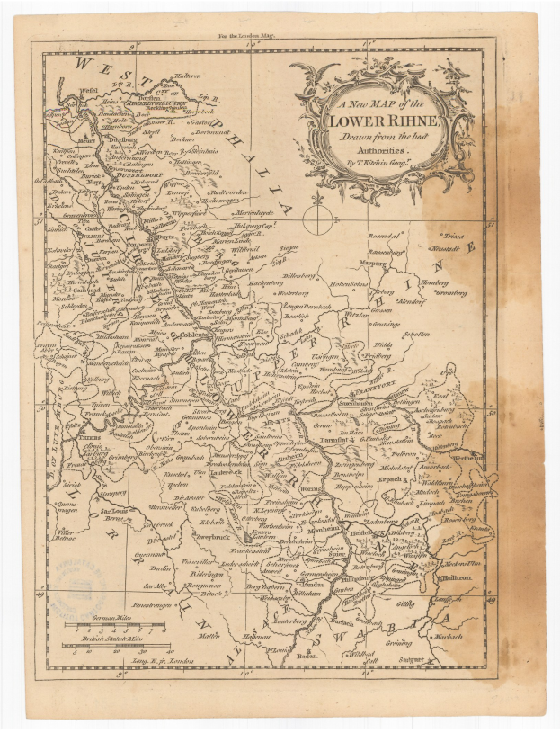 Alte Karte des Niederrheins mit klassischer Typografie, die Flüsse, Berge und Städte in Detail zeigt.