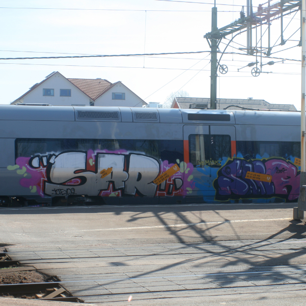 Ein mit Graffiti beschmierter Zug mit sichtbaren Kabeln, mit Häusern im Hintergrund, die Fenster aufweisen.