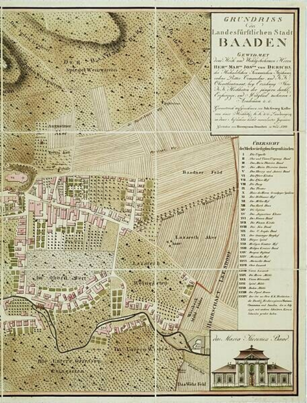 Alte detaillierte Karte von Baden-Württemberg, Deutschland, mit einem Gebäude in der rechten unteren Ecke, die Straßen, Gebäude und andere Merkmale zeigt, begleitet von Text, der Stadtinformationen bereitstellt.