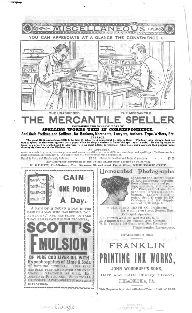 Eine alte Zeitungsannonce für den Mercantile Speller, die einen Mann in einem Anzug und eine Frau in einer Schürze und einem Kleid zeigt, beide mit ernsten Gesichtern vor einem hellblauen Hintergrund.