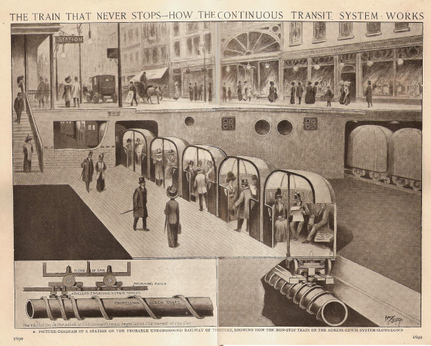 Ein Artikel mit Bildern von Menschen, Zügen und anderen Gegenständen neben dem Text "Der Zug, der nie aufhört - wie das kontinuierliche Transitsystem funktioniert".