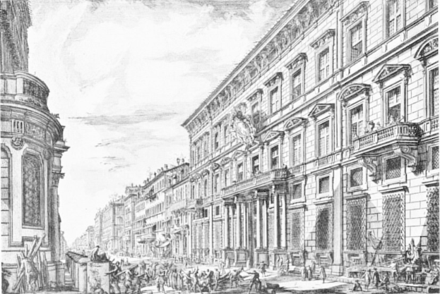 Schwarze und Weiße Zeichnung einer belebten Stadtstraße mit Fußgängern, Gebäuden, Säulen und Skulpturen unter einem bewölkten Himmel, mit Text am unteren Rand, der New York-bezogene Begriffe auflistet.