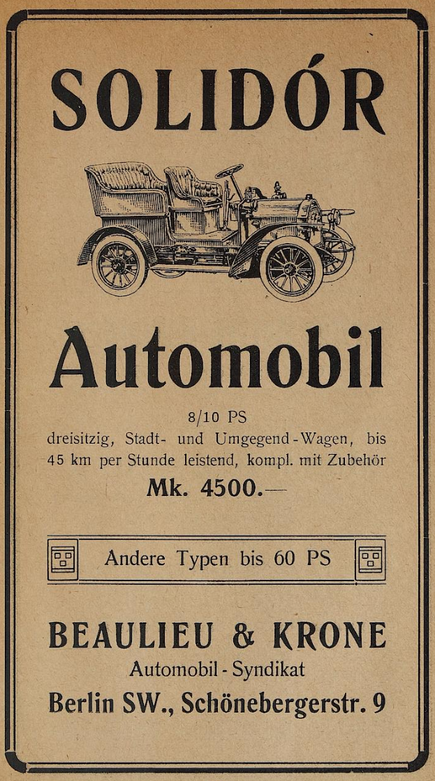 Eine Retro-Werbung für einen Solidor-Wagen mit einem glänzenden, schlanken, klassischen Modell in Schwarz mit weißer Schrift, die die Merkmale beschreibt.