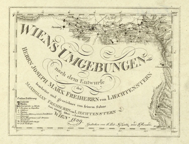 Detailierte alte Karte von Wien, Deutschland, zeigt Städte, Ortschaften, geografische Merkmale, Bevölkerung, Straßen und Sehenswürdigkeiten mit begleitendem Text.