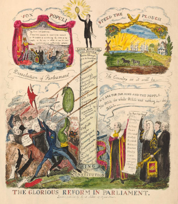 Ein buntes illustriertes Dokument mit der Überschrift "Die glorreichen Reform im Parlament", das mutige Texte und verschiedene lächelnde Menschen zeigt, die Fortschritt und Hoffnung symbolisieren.